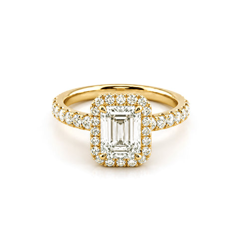 A852 - Oro 14K - Diamante Lab - Corte Esmeralda con Halo y Pave