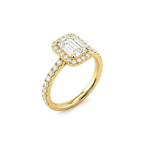 A852 - Oro 14K - Diamante Lab - Corte Esmeralda con Halo y Pave