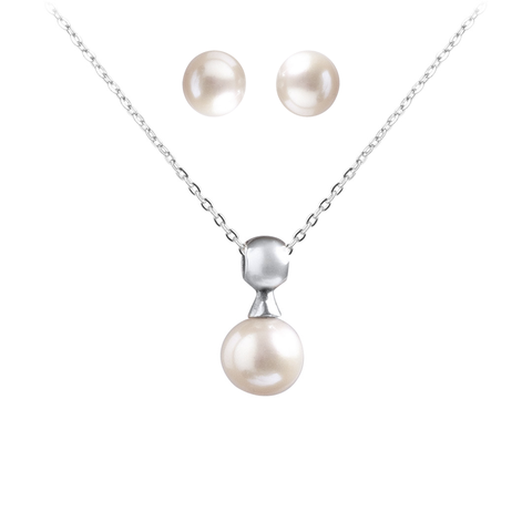 Juego de perlas con collar de perla solitaria en esfera de plata