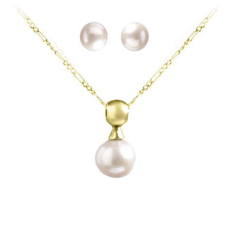 Juego de perlas con collar de perla solitaria en esfera de oro
