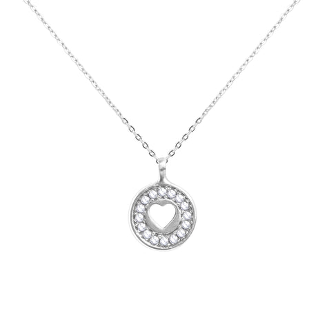 Love Coin CZ - Collar de moneda de plata con corte de corazón y pave de zirconias